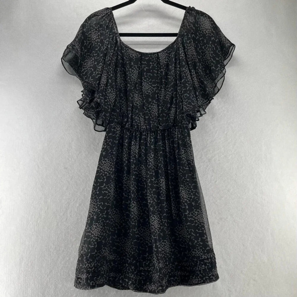 Shoshanna Dress Size 4 Silk Chiffon Geometric A-Line Mini Flutter Sleeve Black - Picture 4 of 12